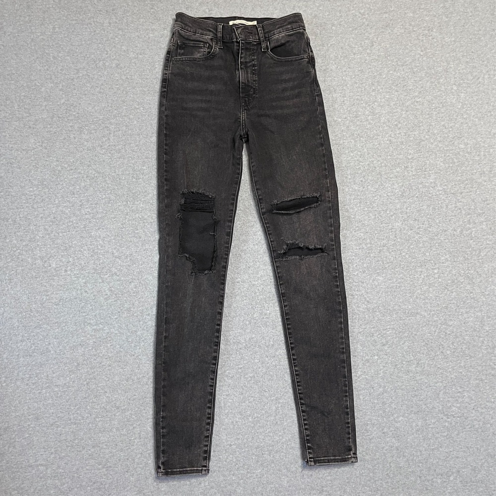 Levis Jeans Womens 27 Black Super Skinny Mile High Ripped Fadded Denim